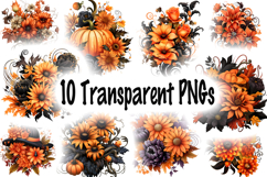 Halloween Flower Clipart - 10 Orange and Black Floral PNGs Product Image 10