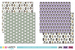 Set of kawaii Halloween papers with cute ghosts, zombies, and little monsters, ideal for scrapbooking and kids crafts.