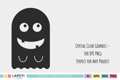 Smiling Halloween ghost black silhouette with large eyes, 300 DPI PNG, transparent background, perfect for crafts and design projects.