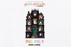 Product preview for a Halloween PNG file showing a gothic black house with cute ghosts in each room, bright accent colors, and a centered layout on white.
