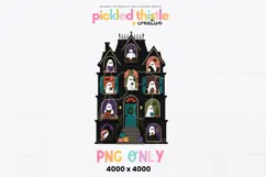 Product preview for a Halloween PNG file showing a gothic black house with cute ghosts in each room, bright accent colors, and a centered layout on white.