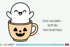 Adorable pastel ghost popping out of a pumpkin mug with a smile, perfect for Halloween stickers or prints.