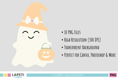 Cute ghost with orange witch hat holding pumpkin bucket, shown with product details like high resolution and transparent background.