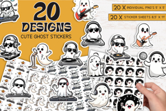 Cute Halloween ghost sticker bundle PNG – 20 digital designs featuring cartoon ghosts as DJs, singers, and musicians. Includes printable sticker sheets and individual 5x5” PNGs, perfect for crafts, planners, scrapbooking, and Halloween party favors – inst