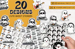 Cute Halloween ghost sticker bundle PNG – 20 digital designs featuring cartoon ghosts as DJs, singers, and musicians. Includes printable sticker sheets and individual 5x5” PNGs, perfect for crafts, planners, scrapbooking, and Halloween party favors – inst