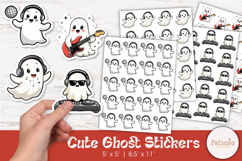 Printable PNG Halloween DJ ghost stickers with sunglasses and headphones, fun cartoon design sheets for planners, scrapbooking, and party favors by Petunia Digital Design