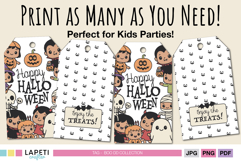 Kawaii Halloween tags set with kids dressed as skeleton, ghost, witch, vampire, and pumpkins.