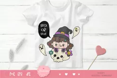 Halloween kid kawaii clipart cartoon witch on skull Product Image 3