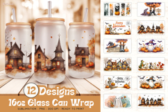 Halloween glass can wrap png designs being used as sublimation 16oz glass can print