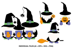 Cute Halloween gnome party clipart set with witch hats, pumpkins, broom and BOO graphics