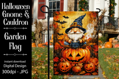 Halloween Gnome Garden Flag, Cauldron, Jack o Lantern, d3 Product Image 1