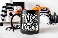 Spooky gothic cut file for Halloween makers with “My Vibe Is Slightly Cursed” text, black lettering, bats, and web accents.