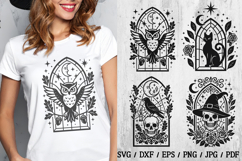 Halloween Gothic Window SVG Cut Files —  4 elegant black-and-white stained glass illustrations: owl, black cat, raven with skull, and witch skull with hat. Perfect for spooky t-shirts, tote bags, mugs, wall art, and more.   Each file is high-quality and e