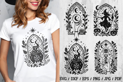Halloween Gothic Window SVG Cut Files Halloween SVG, witch SVG, cauldron SVG, moon magic, stained glass SVG, gothic window, spooky decor, witchcraft design, vintage Halloween, mystical art—  4 elegant black-and-white stained glass illustrations: witch, bu