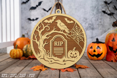 Halloween Graveyard Ornament SVG,Round Halloween Wood Sign Product Image 1