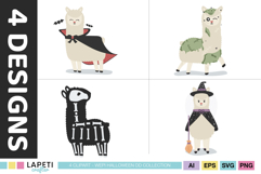 Halloween greeting card graphics with llamas