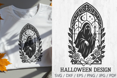Halloween Grim Reaper SVG – a gothic stained glass style illustration featuring a hooded figure holding a candle, surrounded by roses, bones, moon and stars. Perfect for spooky Halloween crafts, gothic decorations, t-shirts, mugs, signs, stickers, and mor