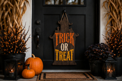 Gothic Halloween graphic featuring a solid black haunted house and dramatic Trick or Treat lettering in warm orange, ivory and golden yellow.