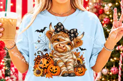 Trending Funny Halloween Highland Cow Png, Cute Pumpkin PNG Product Image 2