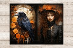 Halloween Junk Journal Pages. Portrait of a girl with brown hair in a Victorian black dress and a black hat decorated with orange flowers. Black gothic crow among orange flowers against the background of a round mirror with patterns