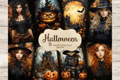 Dark Watercolor Vintage Halloween Junk Journal Pages. Gothic digital papers with Victorian girls. Jack O Lantern scrapbook kit. Victorian Junk Journal Kit. All Hallows Eve Journaling pages. Halloween pumpkins, old gothic house, bats