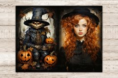 Halloween Junk Journal Pages. Redhead in a Victorian black shirt and hat. Scary terrifying scarecrow in a hat with a belt among pumpkins Jack O Lantern