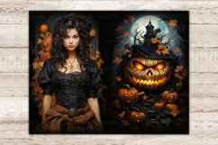 Halloween Junk Journal Pages. Brunette in a Victorian dress on a background of autumn leaves. Huge pumpkin-head of Jack O Lantern with glowing eyes and mouth and many small pumpkins against the background of a large night moon