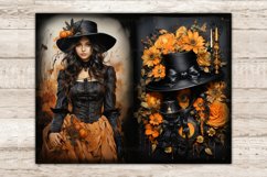 Halloween Junk Journal Pages. Portrait of a brunette girl in a Victorian black dress with an orange skirt and a black hat on a background of autumn foliage. Elegant black vintage hat with orange flowers, black bow and candles