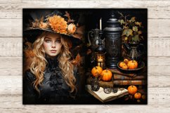 Halloween Junk Journal Pages. Portrait of a blonde girl in a Victorian black dress and a black hat decorated with orange flowers. Books, teapot, candlestick, vintage thermos with tea, small orange pumpkins