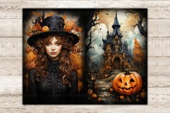 Halloween Junk Journal Pages. Portrait of a girl with brown hair in a Victorian black dress and hat against the backdrop of autumn foliage. Old gothic house with spiers and pumpkin Jack O Lantern on the path