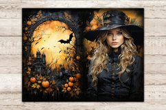 Halloween Junk Journal Pages. Blonde in Victorian dress and hat. Gothic frame made of tree branches with flying bats on the background of an orange sunset with many pumpkins and autumn leaves