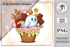 Adorable Halloween dessert clipart featuring a ghost, chocolate, pumpkin, lollipops, and waffle basket. Great for Halloween sublimation, printables, and digital crafts.