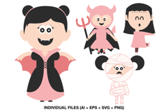 Cute Halloween kids clipart bundle featuring vampire, devil, ghost and mummy costumes.