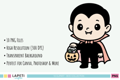 Cute Dracula boy in vampire costume with cape, holding a pumpkin candy bucket, kawaii Halloween kids clipart illustration.