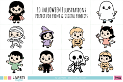 Preview of Halloween kids clipart “Little Monsters” set showing 10 cute children in costumes: vampire, mummy, witch, pumpkin boy, ghost, devil, Frankenstein, Dracula, skeleton, and pumpkin girl.