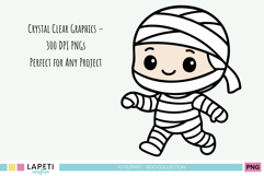 Cute boy in mummy costume with full bandages, smiling Halloween kids clipart illustration.