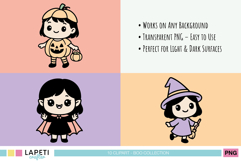 Mini preview of Halloween kids clipart set showing three characters together: a pumpkin girl with candy bucket, a cute vampire girl with cape, and a smiling witch girl with purple hat and broom.