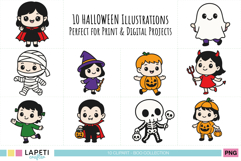 Halloween kids clipart set with 10 kawaii characters in costumes, displayed in a grid, perfect for print and digital projects.