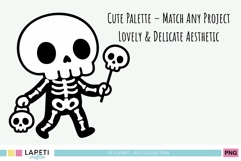 Cute child in skeleton costume holding skull props, kawaii Halloween kids clipart illustration.