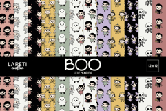 Cute Halloween kids digital paper pack with chibi characters dressed as ghosts, mummies, vampires, witches, and skeletons in pastel colors.