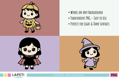 Halloween kids clipart with kawaii witch, pumpkin girl, vampire girl and other characters on colored backgrounds.