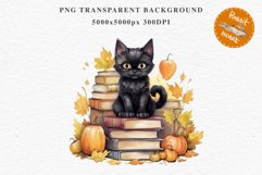 Halloween Kitten On Books Cats Spooky Clipart PNG Scrapbook Fairy Tale Art Image Watercolor witch magic Print illustration sublimation creepy printable digital watercolor halloween kitten books kitty pumpkin clipart, spooky sublimation nursery Creepy