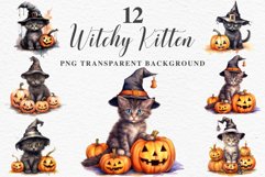 watercolor cute halloween kitten kitty pumpkin clipart, spooky sublimation nursery, Creepy Witch Halloween Kitten Pumpkin Cats Spooky Clipart PNG Scrapbook Fairy Tale Art Image Watercolor witch magic Print illustration sublimation creepy printable digital