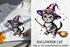 Adorable Halloween Kitten Sublimation PNG featuring a cute little cat in a purple witch hat flying with a broom. Perfect for sublimation printing on t-shirts, mugs, tote bags, pillows, stickers, invitations, and Halloween party decorations. High-resolutio