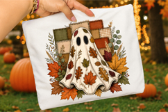 Halloween Leaf Ghost PNG,Rustic Autumn Burlap Patch work Product Image 3