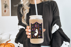 Book lover clipart showing a ghost reading a magical book in front of a detailed gothic bookshelf decorated with books and seasonal accents.