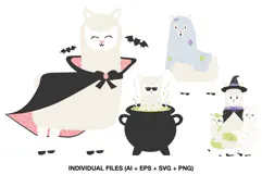 Halloween llama clipart collection with four cute spooky characters