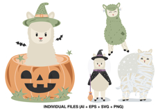 Cute Halloween llama printable graphics featuring witch mummy pumpkin and Frankenstein costume characters