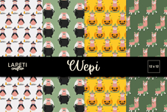 Halloween llama digital papers featuring cute llamas dressed as witches, sitting in cauldrons and pumpkins, and standing on green backgrounds.