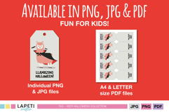 Halloween llama favor tags available in PNG, JPG and PDF formats, showing individual tag and printable sheet.